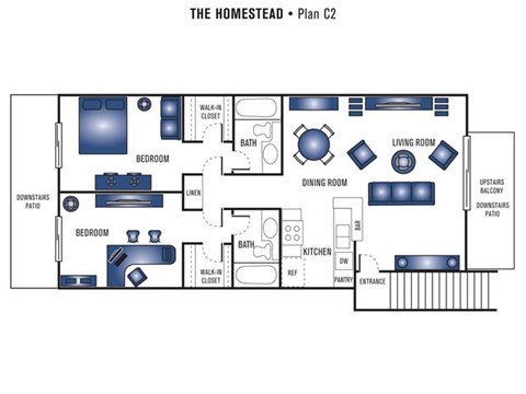 Floor plan for 2 beds, 2 baths, 930 sqft