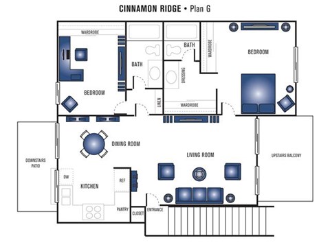 Floor plan for 2 beds, 2 baths, 954 sqft