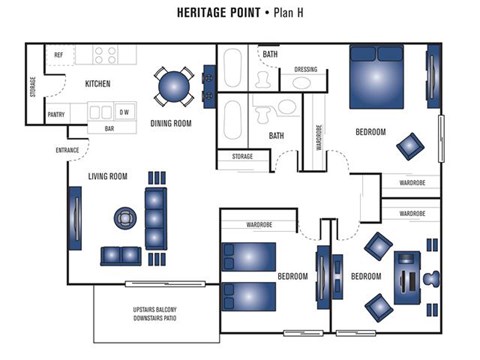 Floor plan for 3 beds, 2 baths, 1111 sqft