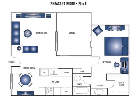 Floor plan for 1 bed, 1 bath, 730 sqft