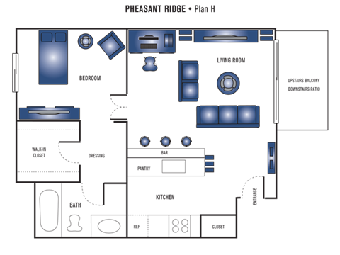 Floor plan for 1 bed, 1 bath, 584 sqft