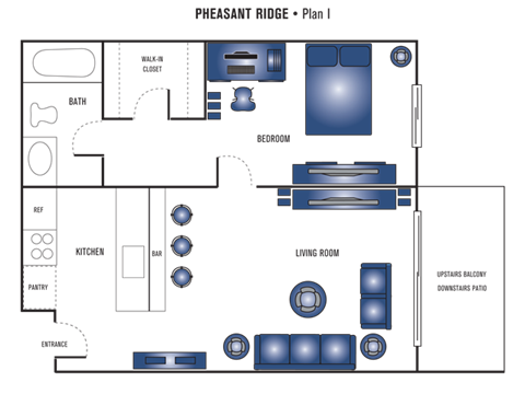 Floor plan for 1 bed, 1 bath, 555 sqft