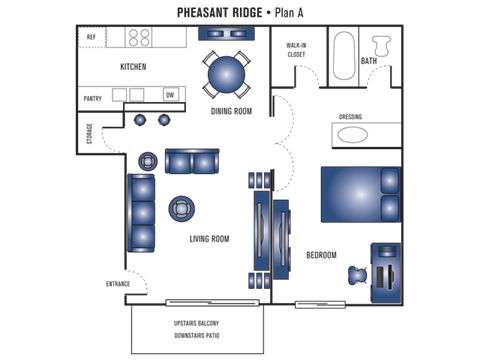 Floor plan for 1 bed, 1 bath, 636 sqft