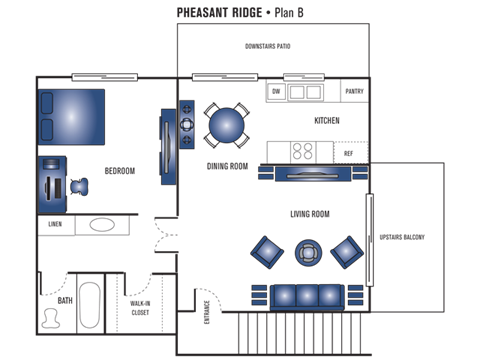 Floor plan for 1 bed, 1 bath, 671 sqft