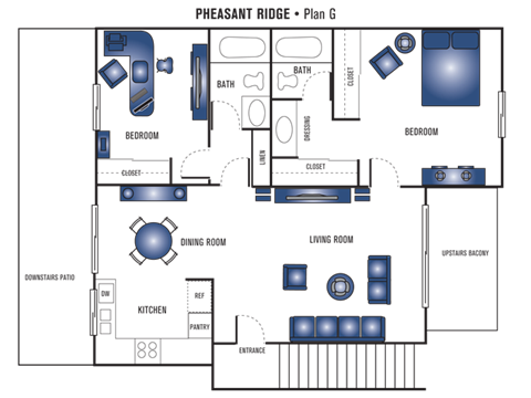 Floor plan for 2 beds, 2 baths, 973 sqft
