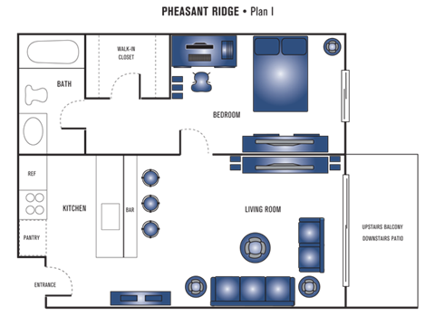 Floor plan for 1 bed, 1 bath, 555 sqft