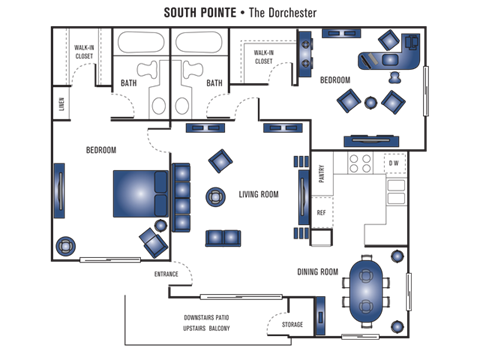 Floor plan for 2 beds, 2 baths, 934 sqft