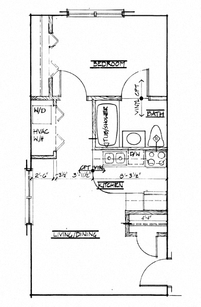 Floor plan for 1 bed, 1 bath, 470 sqft