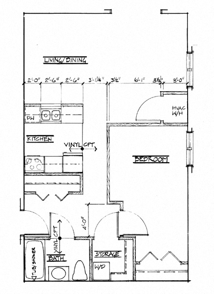 Floor plan for 1 bed, 1 bath, 624 sqft