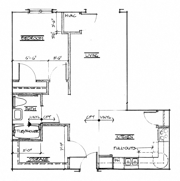 Floor plan for 1 bed, 1 bath, 641 sqft