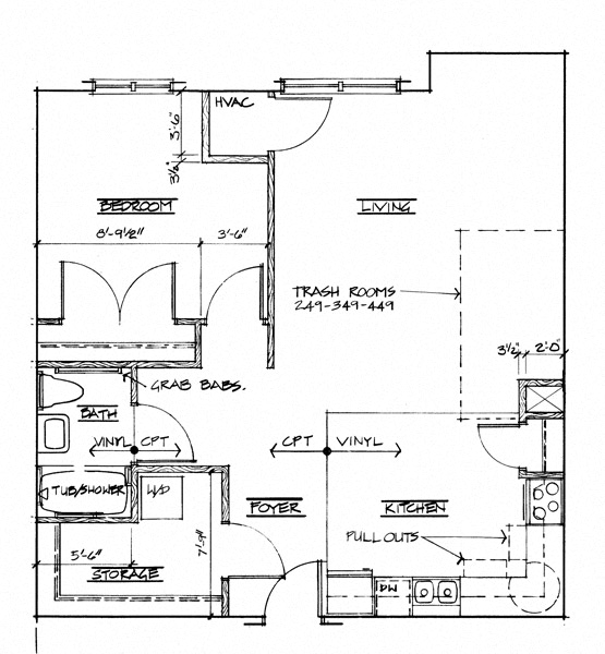 Floor plan for 1 bed, 1 bath, 826 sqft