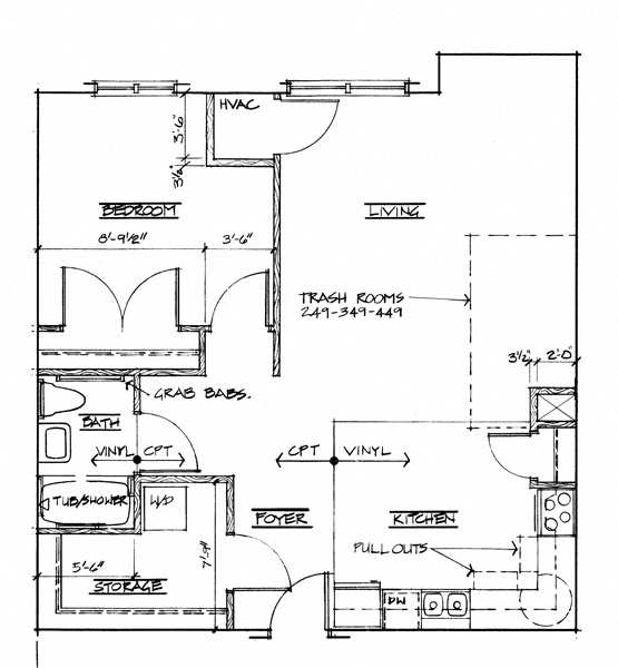 Floor plan for 1 bed, 1 bath, 810 sqft