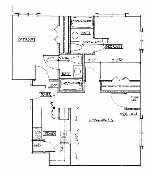 Floor plan for 2 beds, 2 baths, 855 sqft