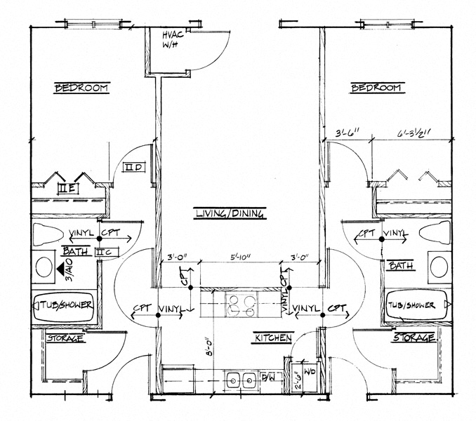 Floor plan for 2 beds, 2 baths, 883 sqft