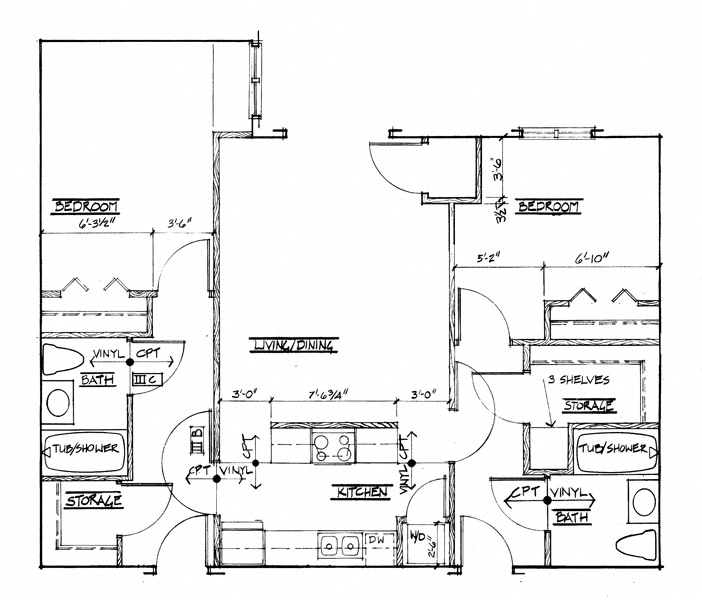 Floor plan for 2 beds, 2 baths, 977 sqft