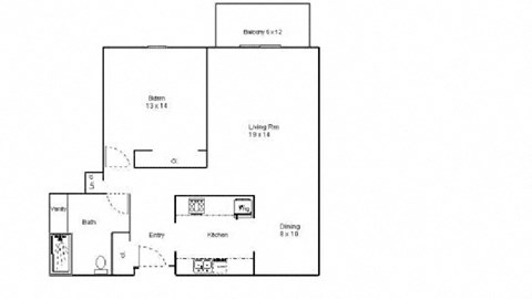 Floor plan for 1 bed, 1 bath, 908 sqft