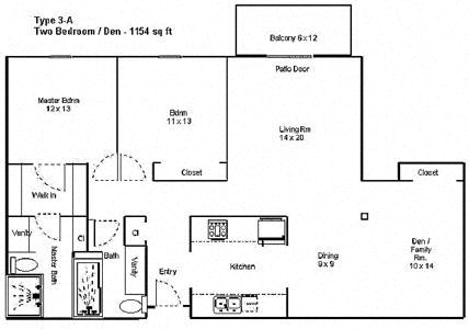 Floor plan for 2 beds, 2 baths, 1154 sqft