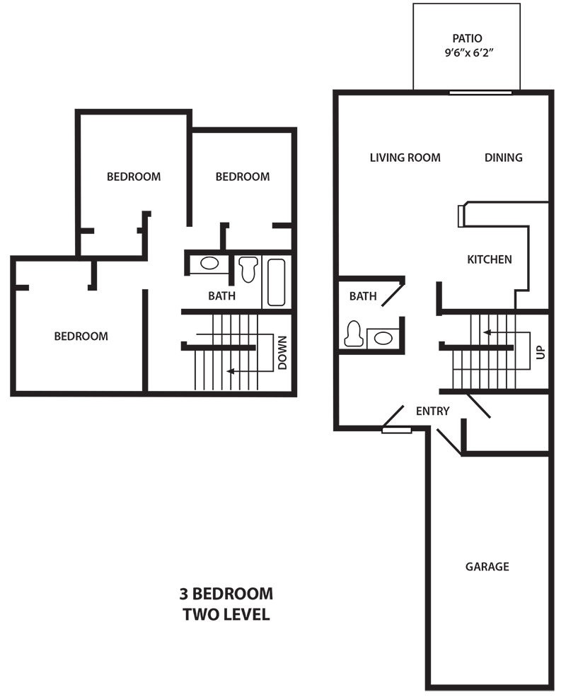 Floor plan for 3 beds, 2 baths, 1200 sqft