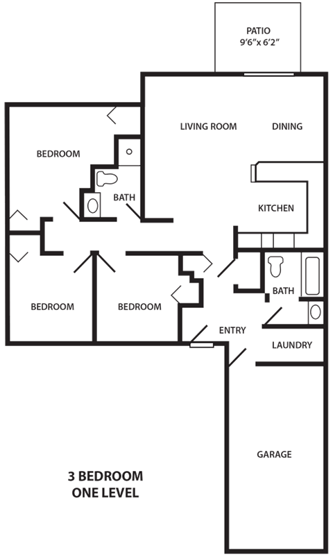 Floor plan for 3 beds, 1 bath, 1200 sqft