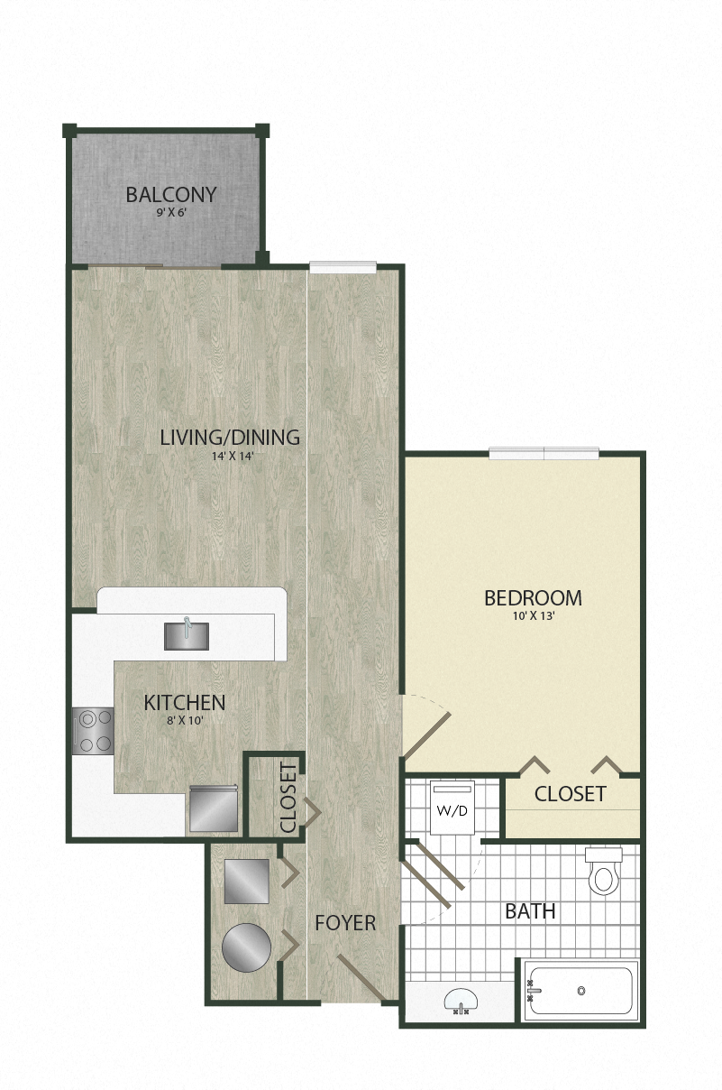 Floor plan for 1 bed, 1 bath, 717 sqft