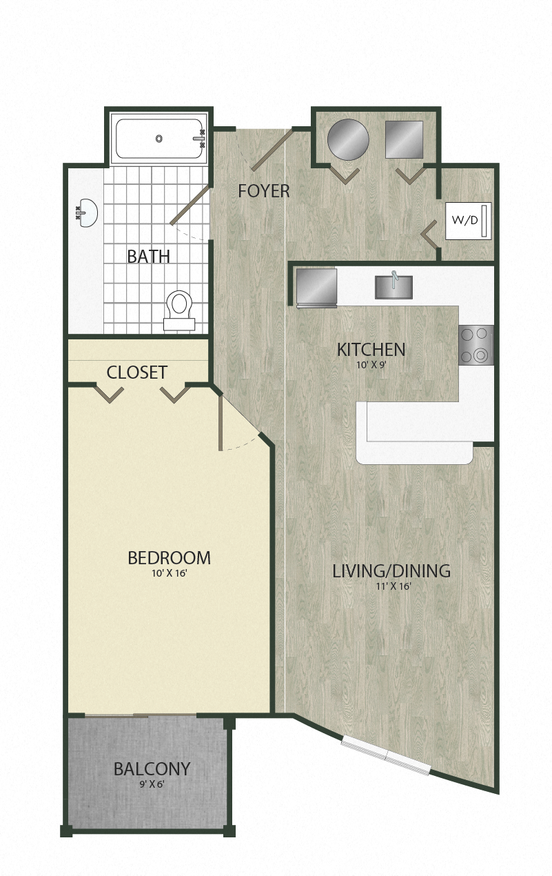 Floor plan for 1 bed, 1 bath, 722 sqft