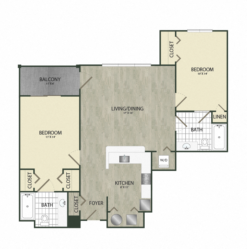 Floor plan for 2 beds, 2 baths, 1074 sqft