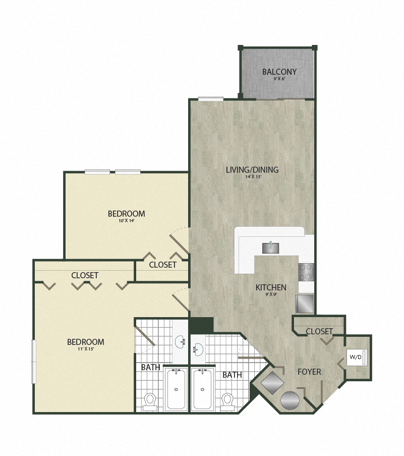 Floor plan for 2 beds, 2 baths, 1072 sqft