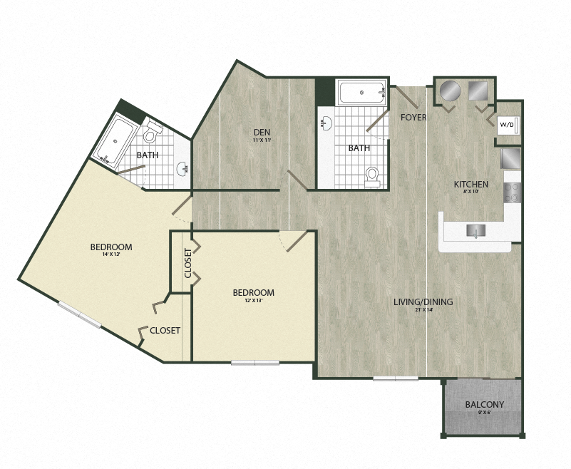 Floor plan for 2 beds, 2 baths, 1372 sqft