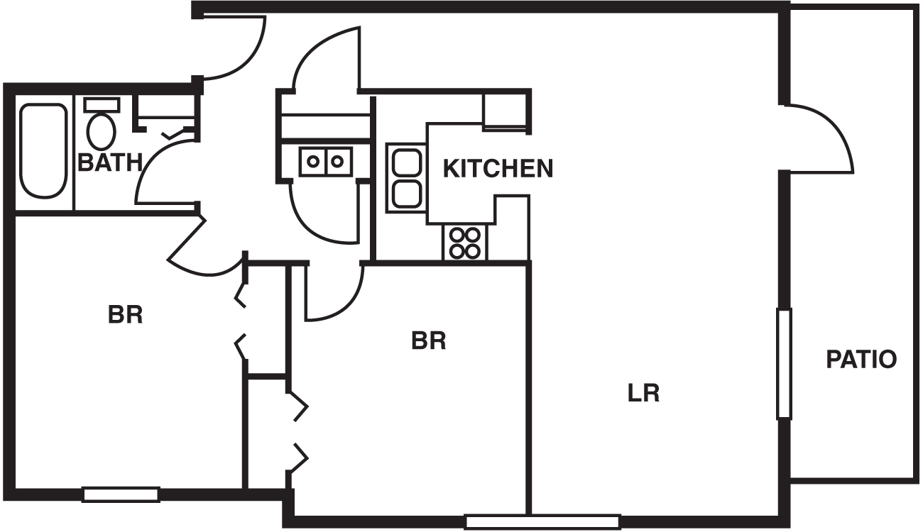 Floor plan for 2 beds, 1 bath, 600 sqft