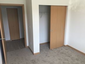 Arlington apartment for rent - a bedroom with two closets and a carpeted floor