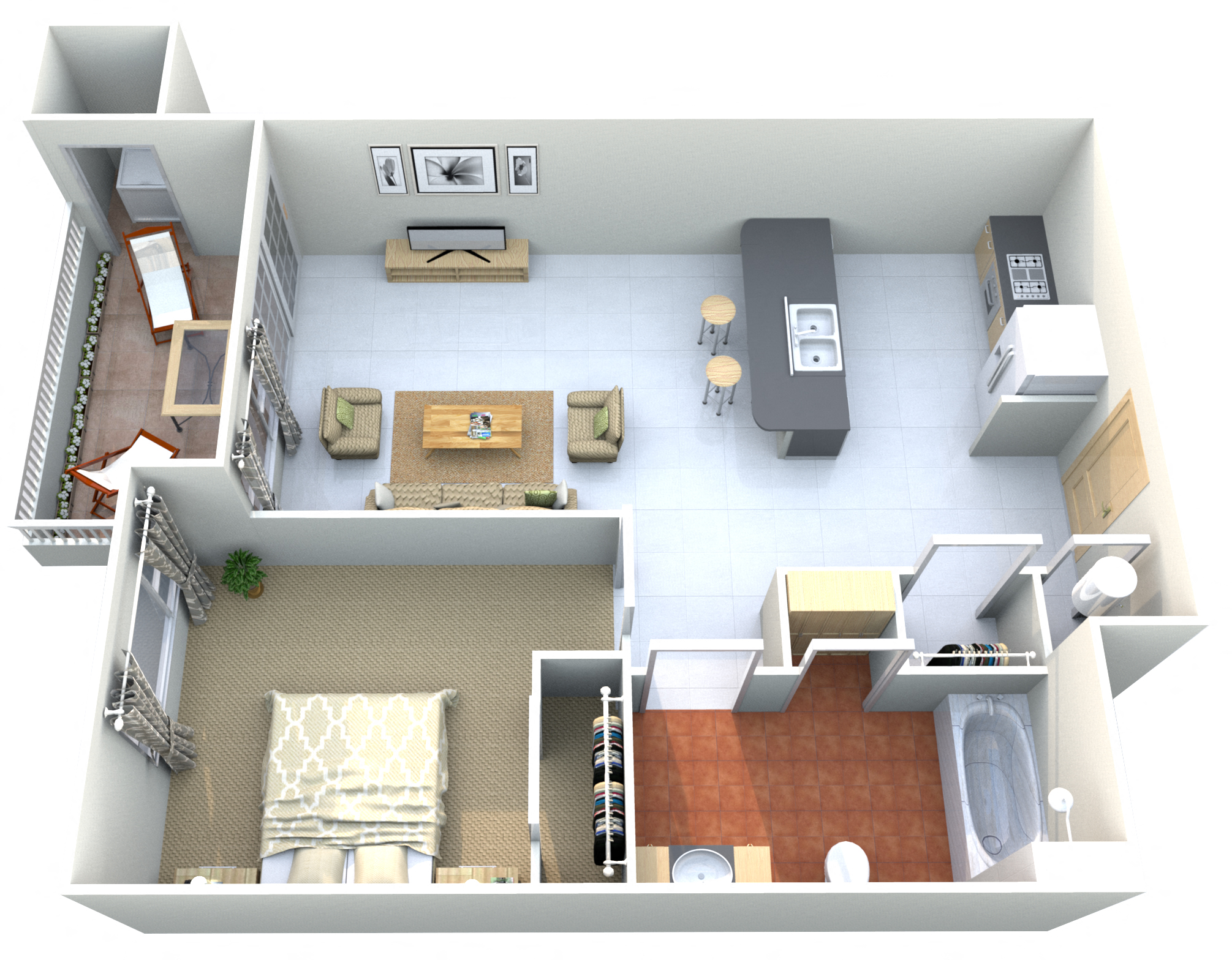 Floor plan for 1 bed, 1 bath, 595 sqft