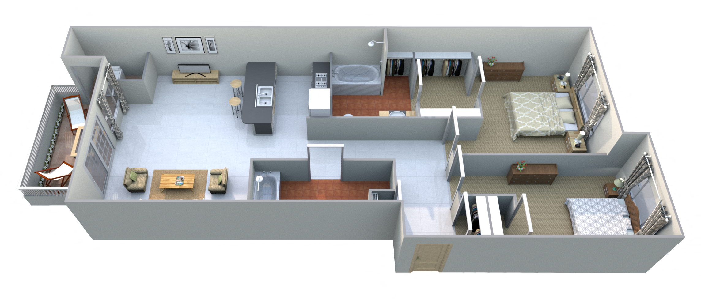 Floor plan for 2 beds, 2 baths, 980 sqft