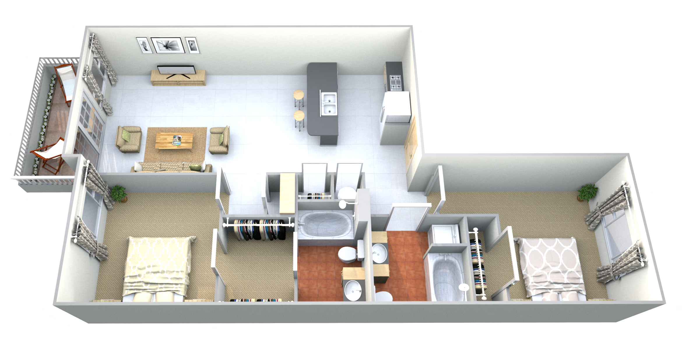 Floor plan for 2 beds, 2 baths, 950 sqft