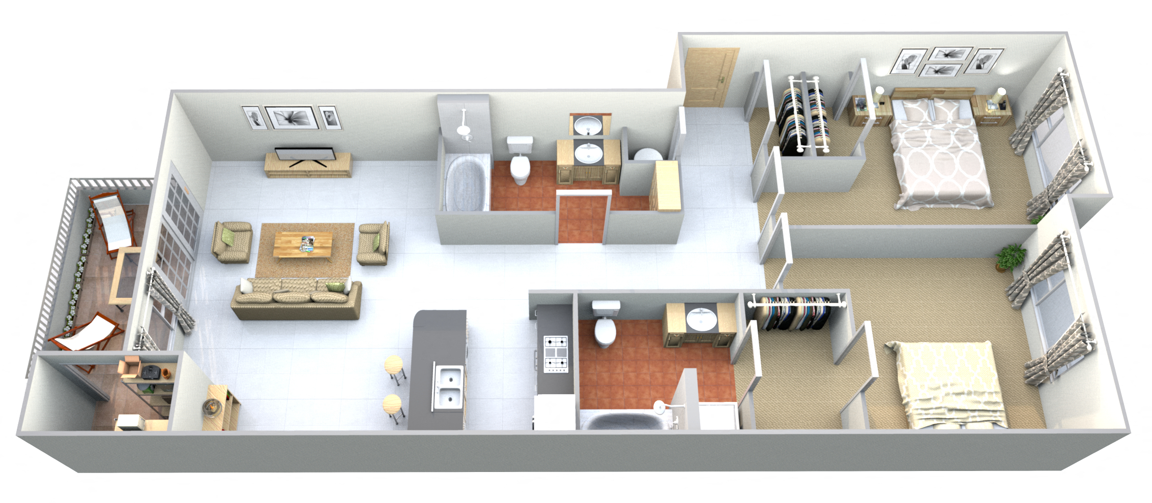 Floor plan for 2 beds, 2 baths, 1035 sqft
