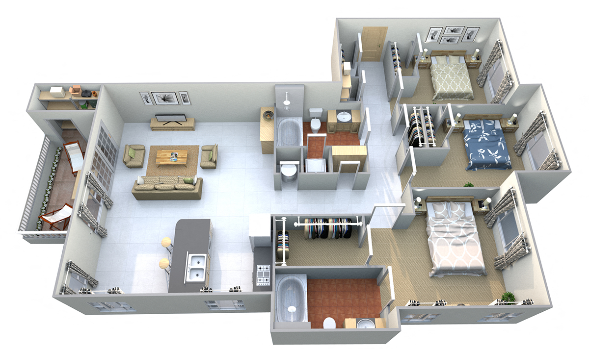 Floor plan for 3 beds, 2 baths, 1175 sqft