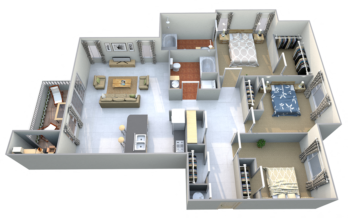 Floor plan for 3 beds, 2 baths, 1270 sqft