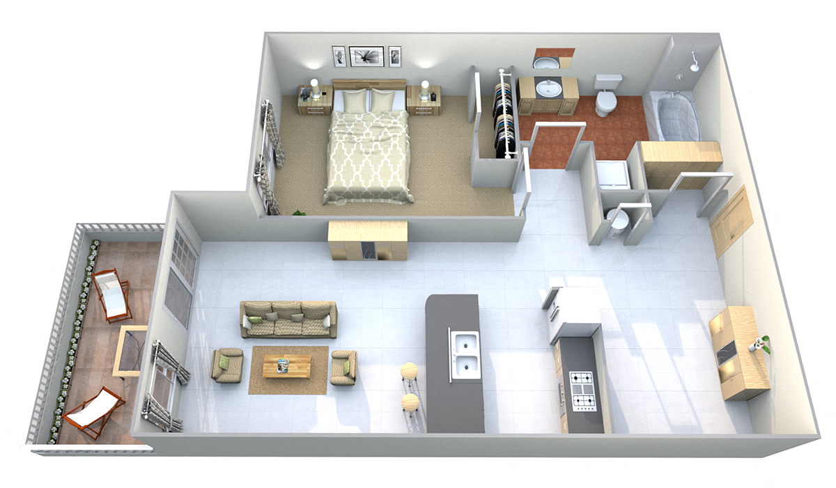 Floor plan for 1 bed, 1 bath, 725 sqft