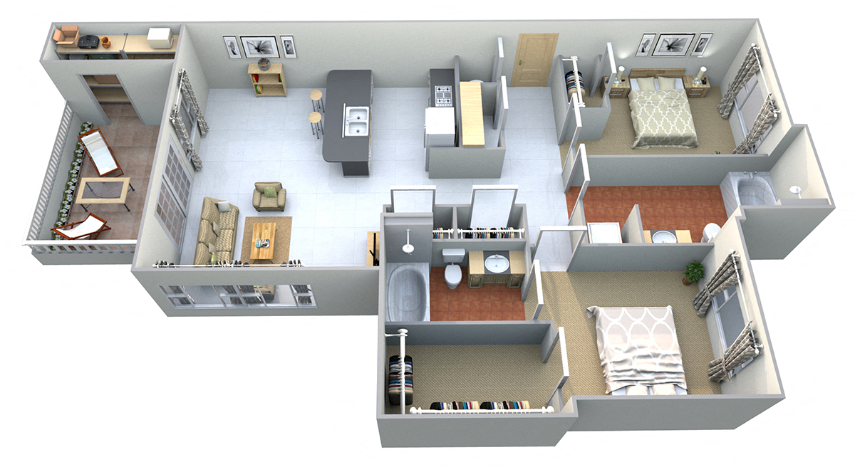 Floor plan for 2 beds, 2 baths, 950 sqft