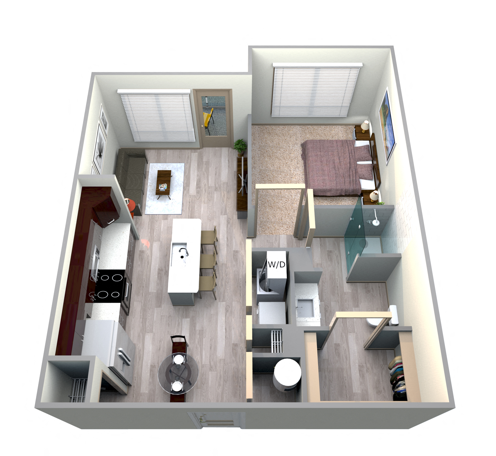 Floor plan for 1 bed, 1 bath, 721 sqft