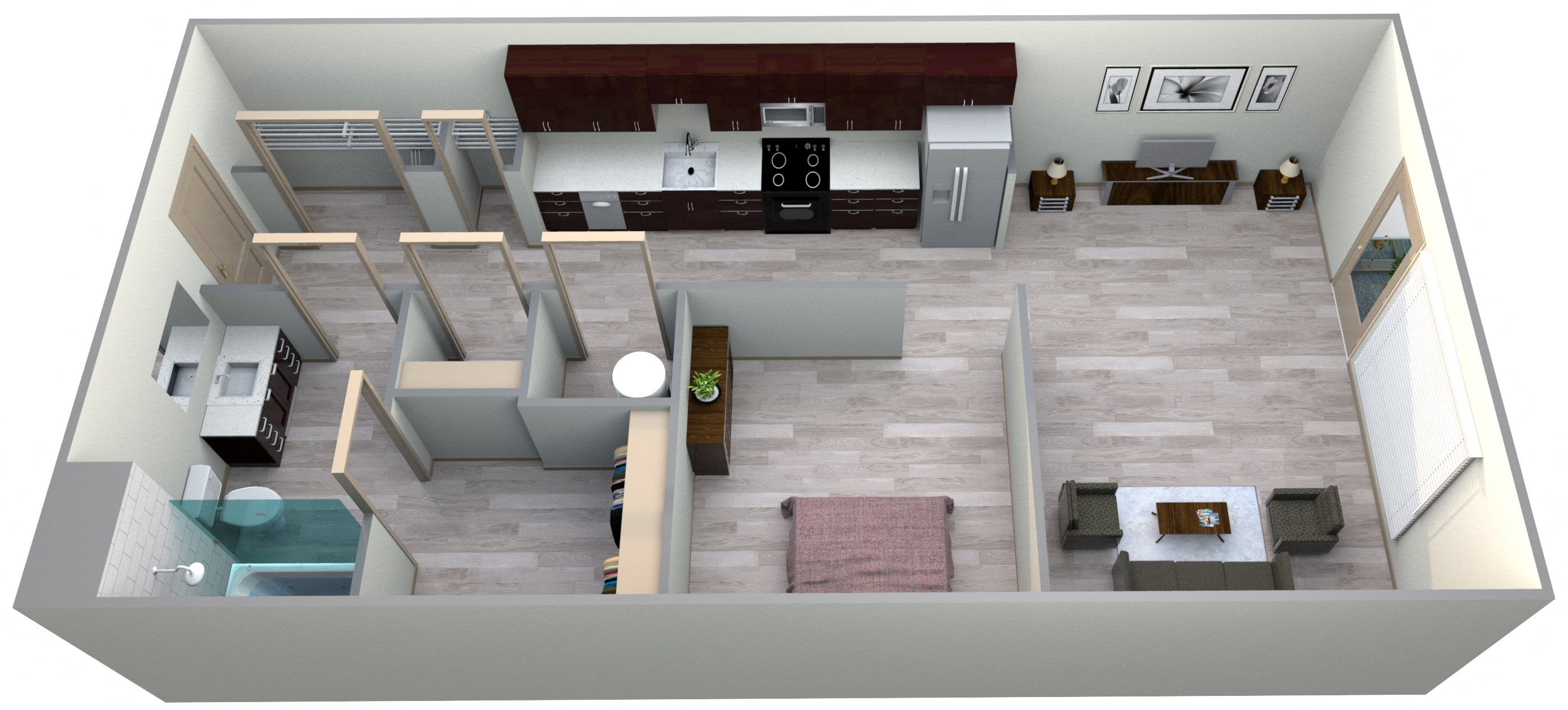 Floor plan for studio, 1 bath, 586 sqft