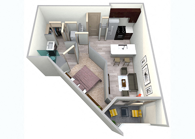 Floor plan for 1 bed, 1 bath, 652 sqft