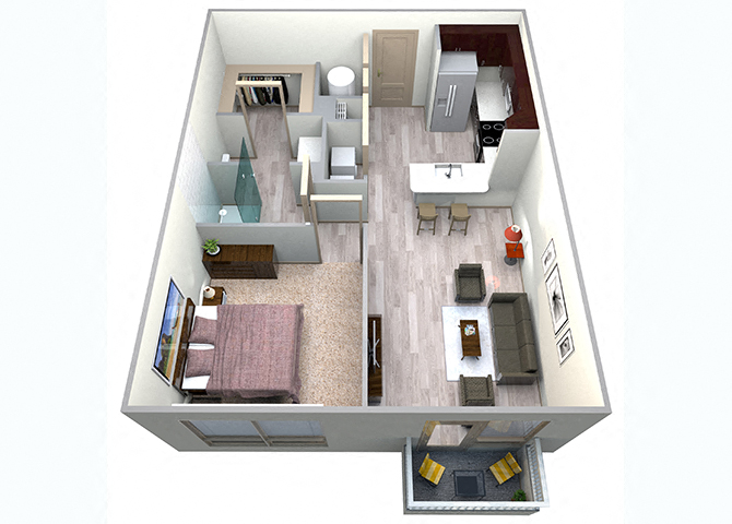 Floor plan for 1 bed, 1 bath, 745 sqft