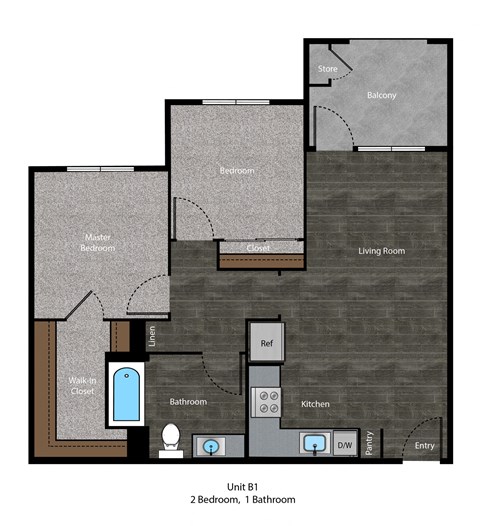 Floor plan for 2 beds, 1 bath, 915 sqft