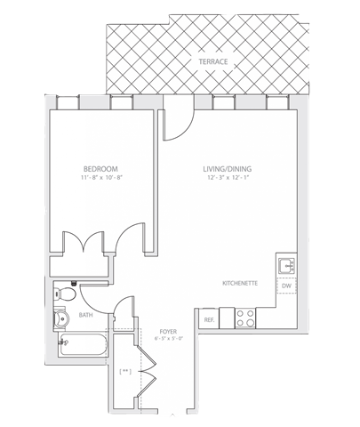 Floor plan for 1 bed, 1 bath