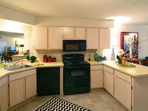 Paragould apartment for rent - an apartment kitchen with black appliances and white counters