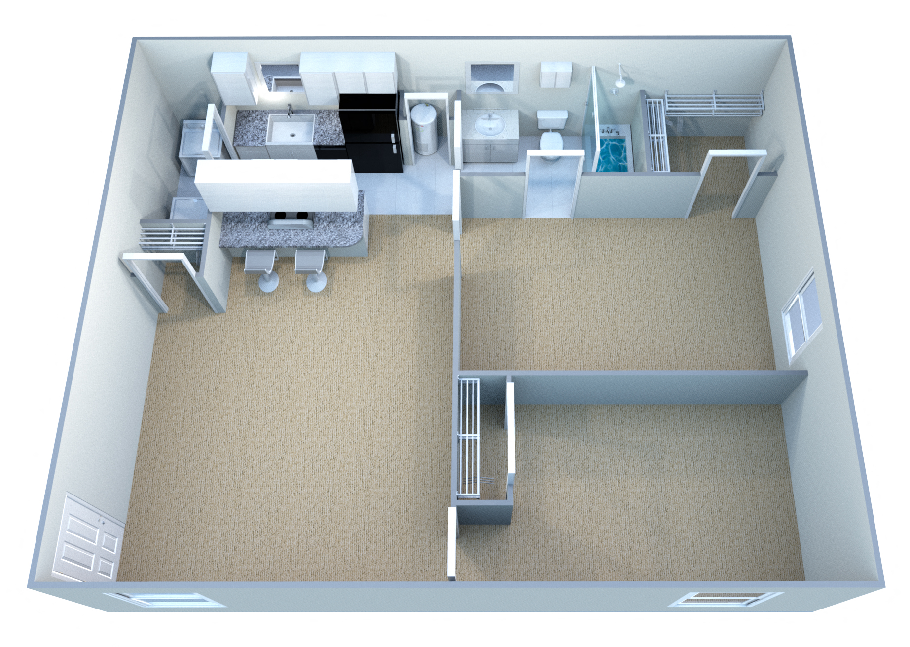 Floor plan for 2 beds, 1 bath, 793 sqft