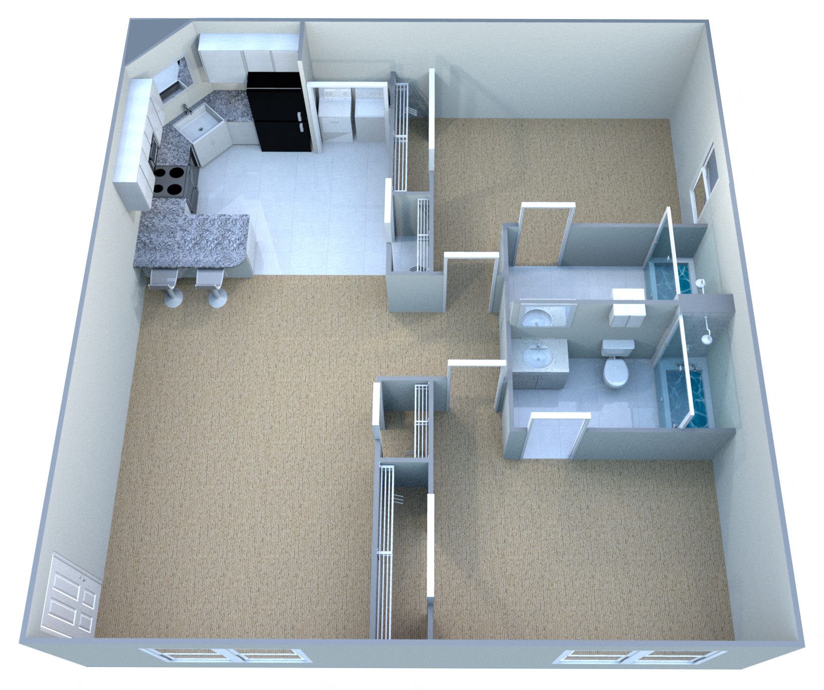 Floor plan for 2 beds, 2 baths, 987 sqft