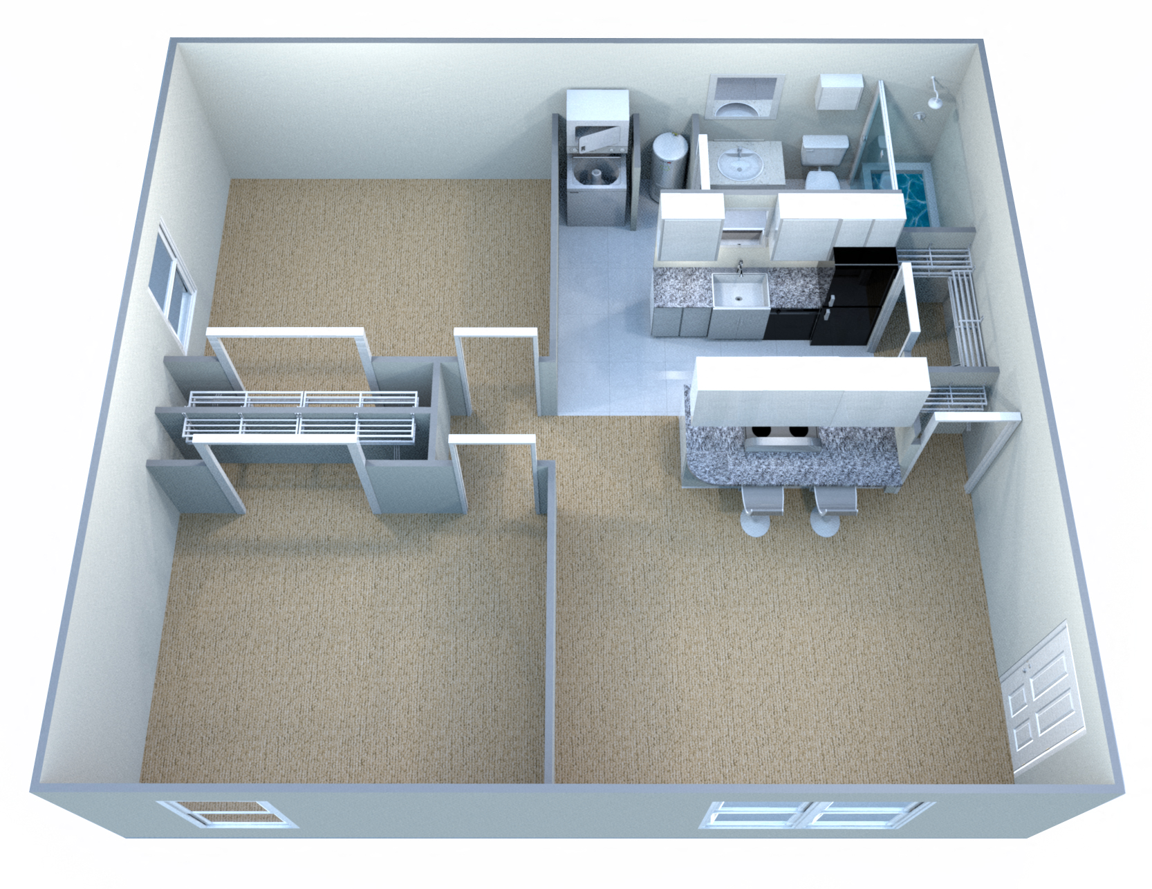 Floor plan for 2 beds, 1 bath, 733 sqft