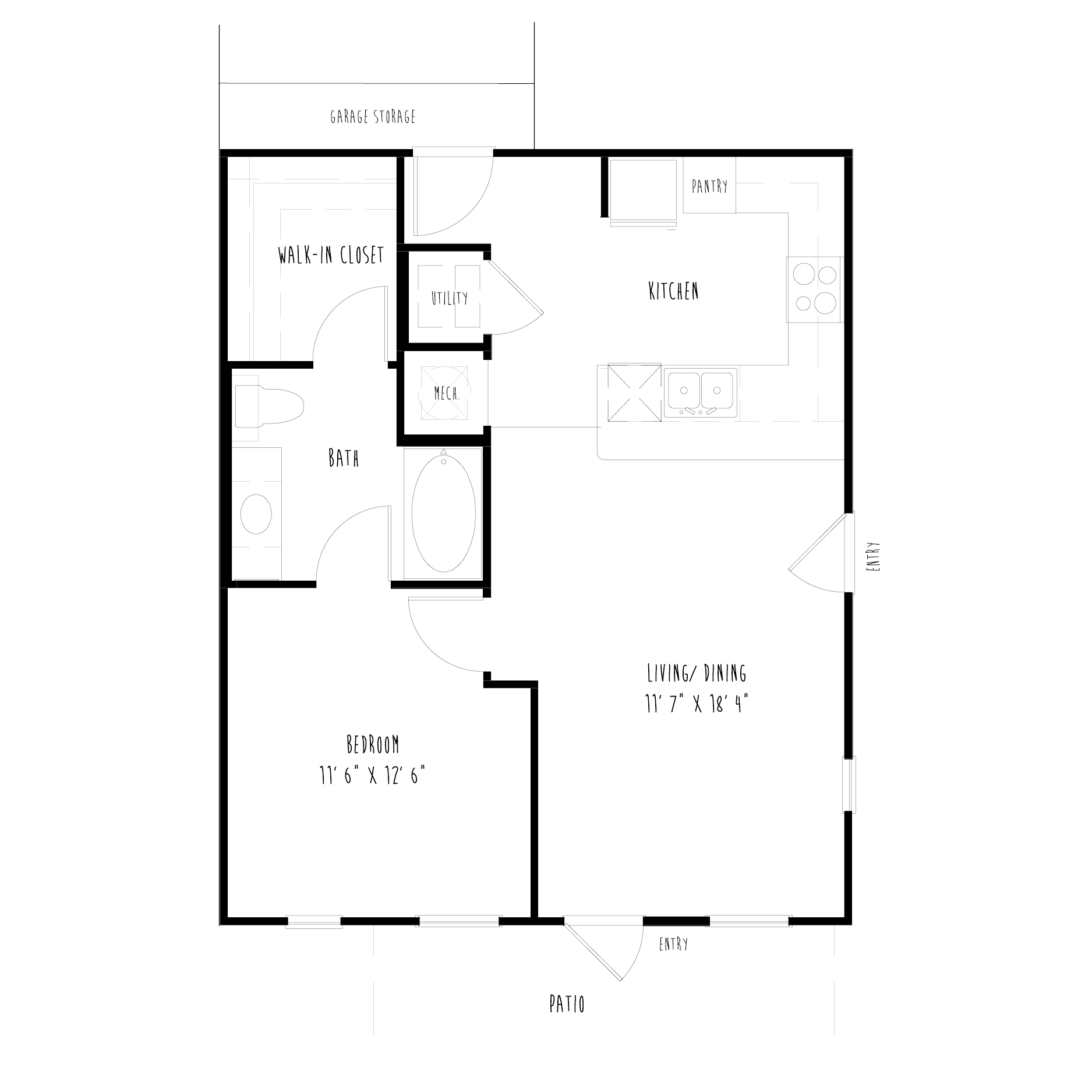 Floor plan for 1 bed, 1 bath, 707 sqft