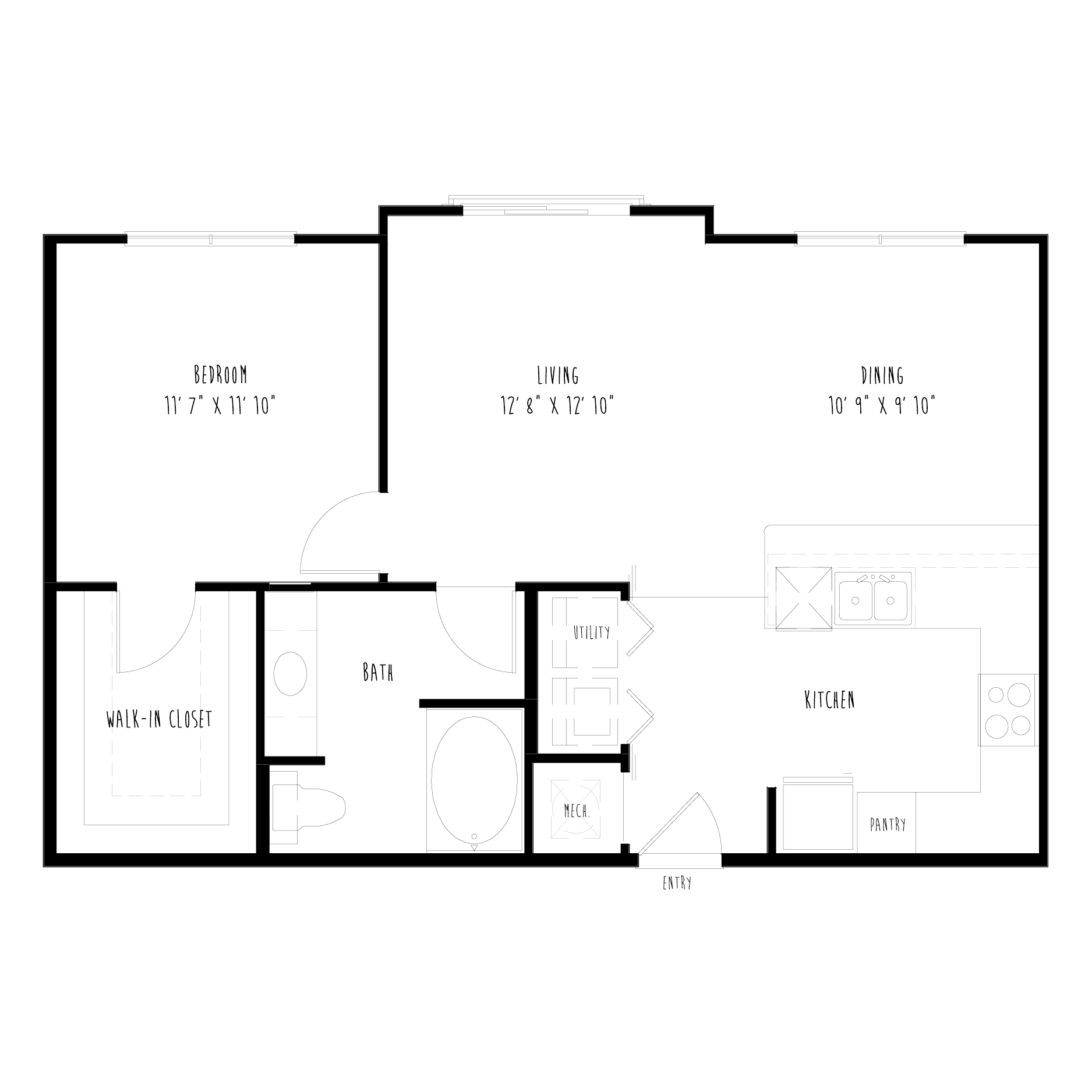 Floor plan for 1 bed, 1 bath, 805 sqft
